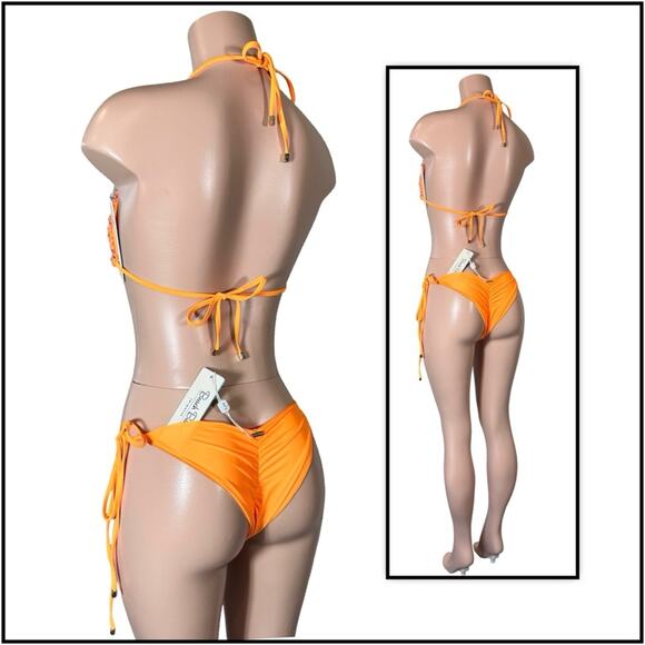 Beach Bunny Orange Icon Triangle Top DD & Icon Tie Side Skimpy Bottom M $250 - Picture 5 of 12